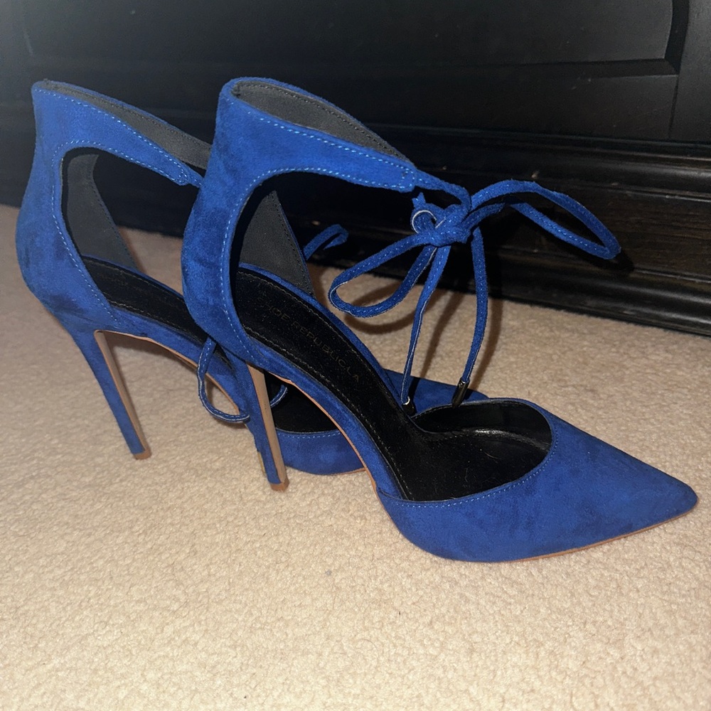 Royal blue stilettos with straps to wrap around ankle